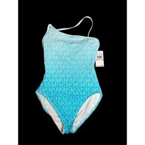 Michael Kors Women One Shoulder Ombre Logo Turquoise One Piece Swimsuit size 8